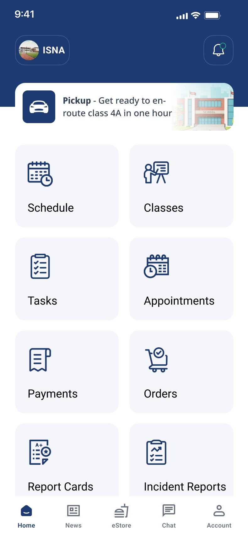 A mobile phone screen showing the Cogens app interface with options like Schedule, Class, Tasks, Appointments, Payments, and Orders.
