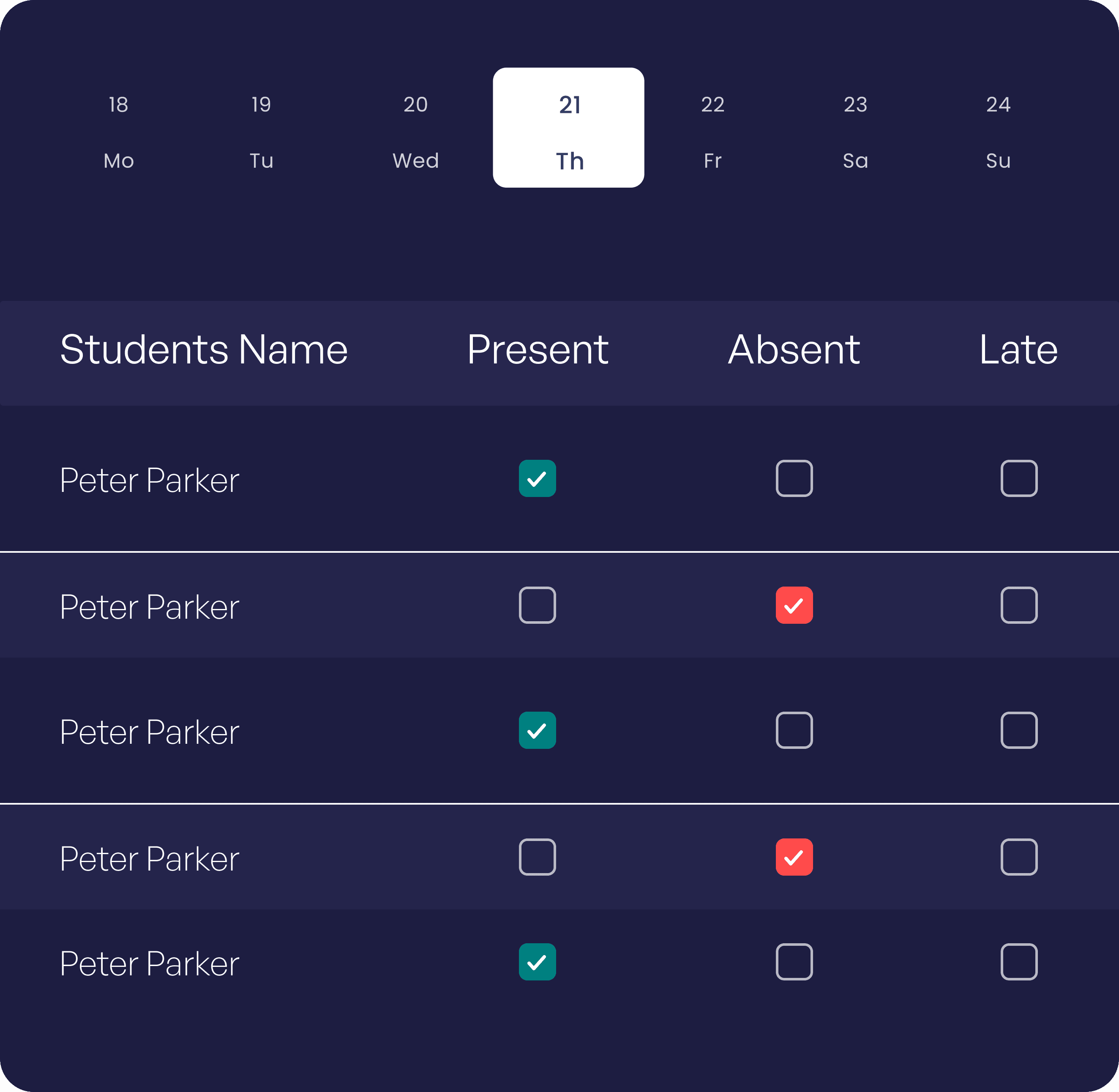 A mobile app screen showing an attendance dashboard with options for Present and Absent, and a list of students with their status marked.