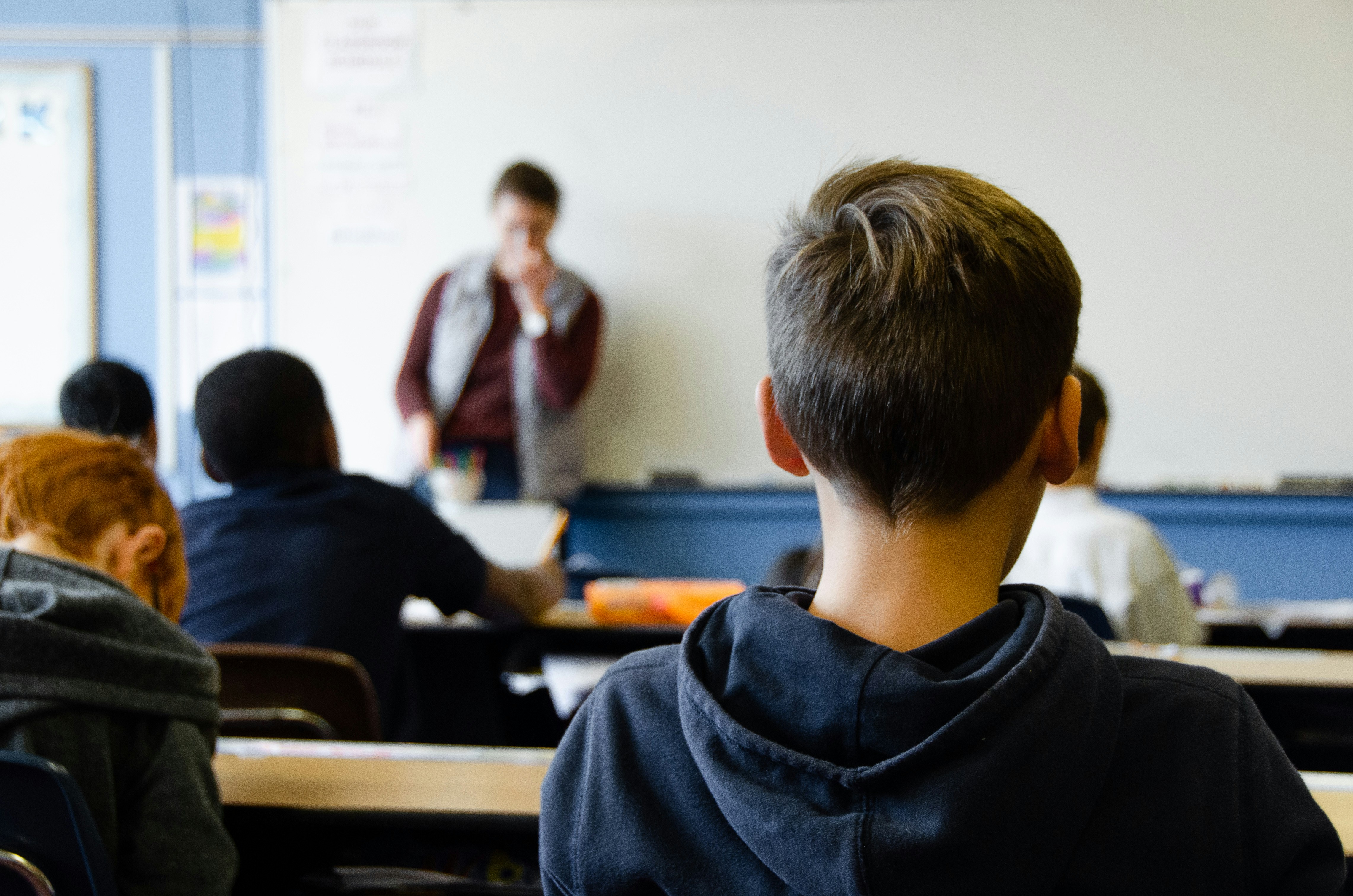 A classroom scene with a student seen from the back, focusing on a lesson.