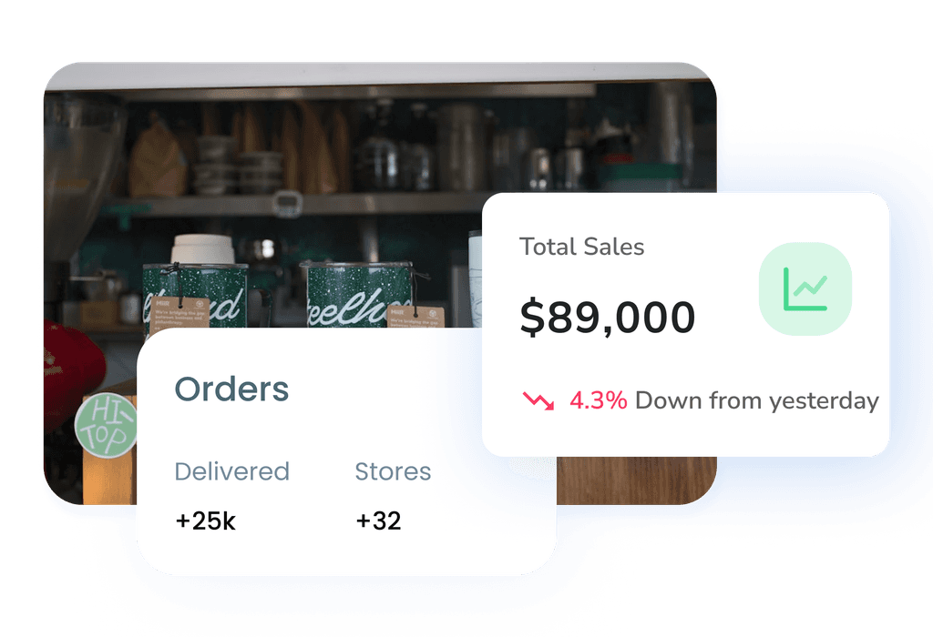 A UI component displaying merchandise sales, showing total sales of $89,000 and order statistics like +25k delivered.